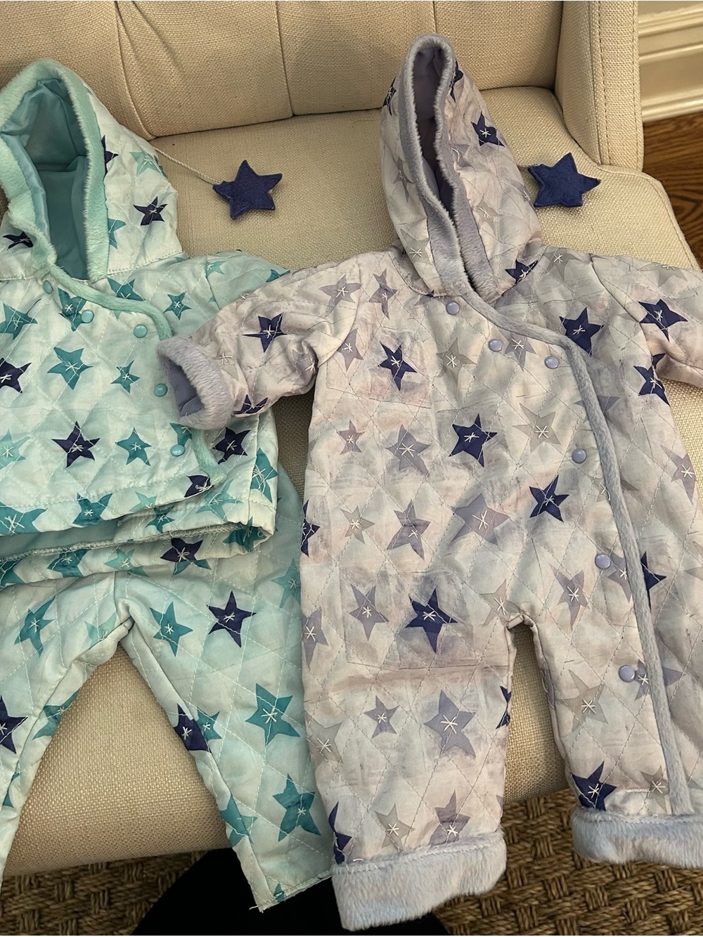 Kids Star-Print Hooded Quilted Snowsuit - Light Blue & Mint
